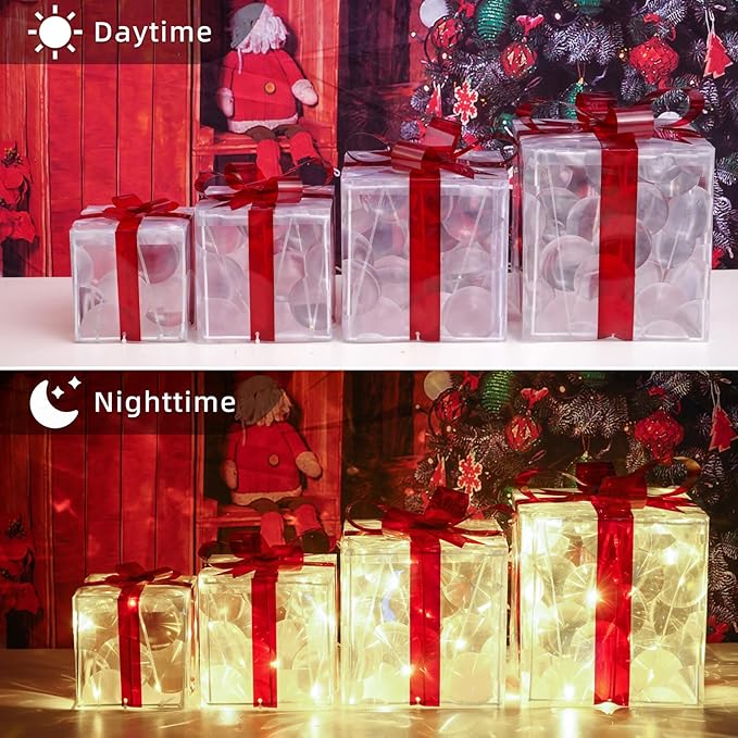 Christmas Lighted Gift Boxes, Pre-lit Lights Gift Boxes Set of 4, Light up Present Boxes Set Battery Operated with Different Sizes for Holiday Indoor Outdoor Decorations(Warm White)