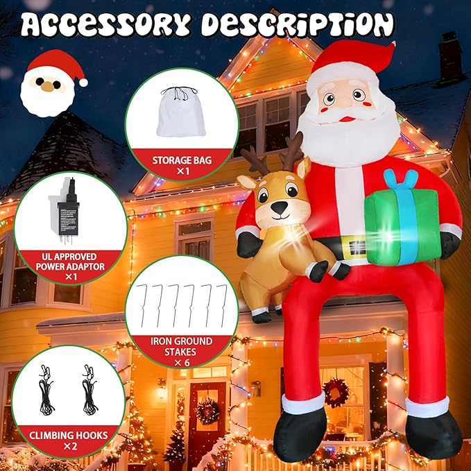 DearSun 10FT H Christmas Inflatable Sitting Santa Claus with Build-in LED Lights, Blow up Santa Claus with Gift Bag and Deer Sitting on Roof Wall Tree Chair Indoor Outdoor Decor