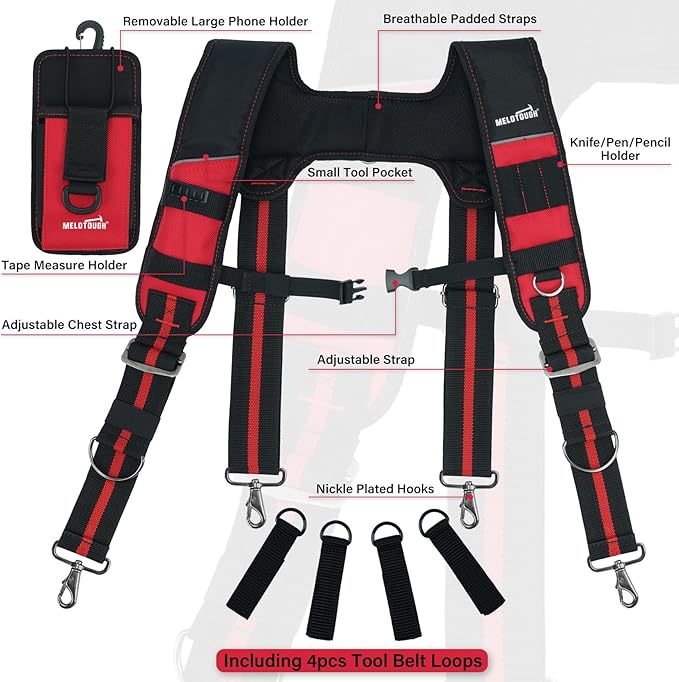 MELOTOUGH Tool Belt Suspenders Construction Bag Suspenders Padded Work Belt Hi Vis Suspenders for Carpenter/Electrician