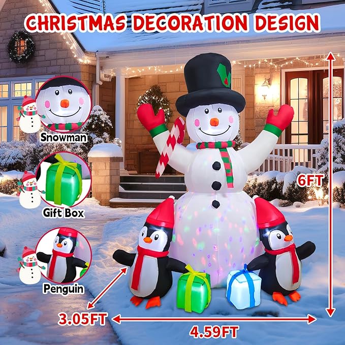 Christmas Inflatables 6FT Snowman Outdoor Yard Decorations, Christmas Blow up Snowman with Penguins and Giftboxes, Built-in Colorful Rotating LED Lights for Holiday Xmas Party Lawn Yard Garden