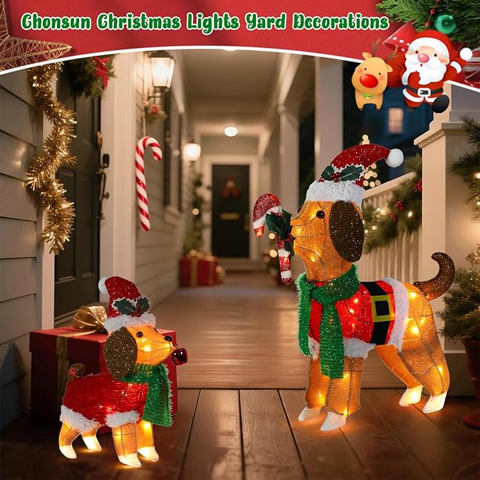 Christmas Decorations Outside Non-Collapsible Lights Christmas 2PCS Dogs Lighted with LED Warm Lights for Yard Lawn Porch Garden Living Room Bedroom Indoor Outdoor