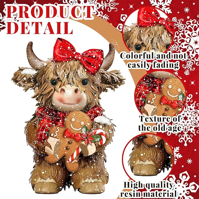 2 Pcs Christmas Highland Cow Figurines Decor Cow Gnomes with Santa Hat Christmas Resin Statue Calf Lovers Gifts for Farmhouse Home Garden Bathroom Kitchen Office Tiered Tray Table Decor