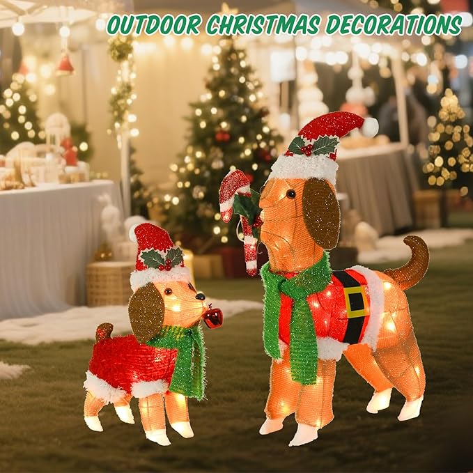 Lighted Outdoor Dog Christmas Decorations, 2 Pack Collapsible Pre-lit Beagle Dog with Candy Cane and Santa Hat Light up Puppy Xmas Decor for Indoor Outdoor Garden Yard Lawn Holiday Display