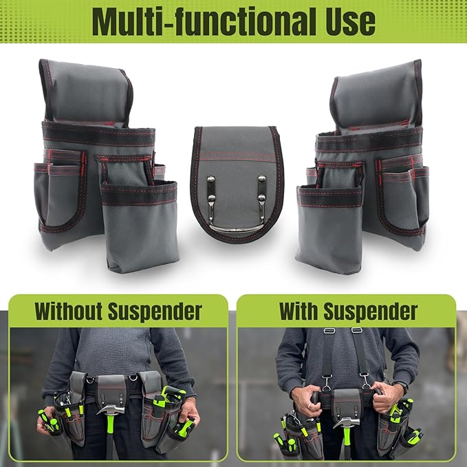 Tool Belt for Men, 32 to 66 Inches Adjustable Waist, Tool Belt with Suspenders for Electricians, Carpenters, Construction Workers and Gardeners, Grey and Red