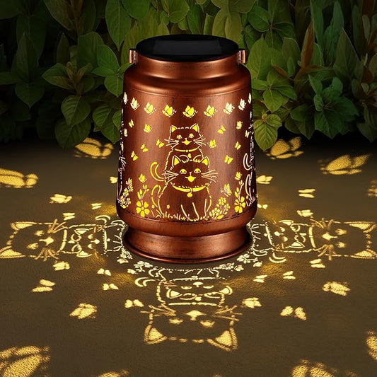 Solar Lantern Outdoor Hanging Waterproof Outside Metal Openwork Hummingbird Pattern Birthday Gifts for Women Mom Landscape Lights for Porch Garden Yard Patio Pathway Decor(Cat)