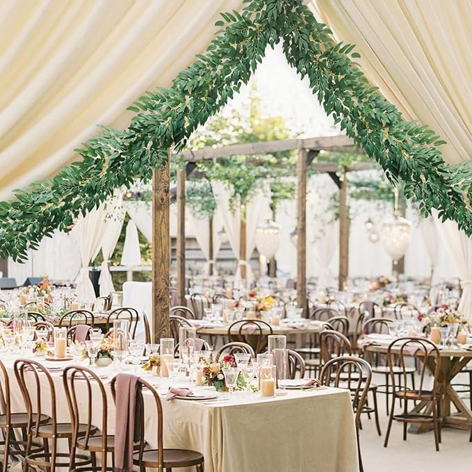 mizii 5 Packs 390" Artificial Vines Willows Garland Fake Vine Italian Ruscus Silk Green Leaves Faux Plants Greenery Decoration for Bedroom Room Wall Party Table Centerpieces Wedding Arch Decor