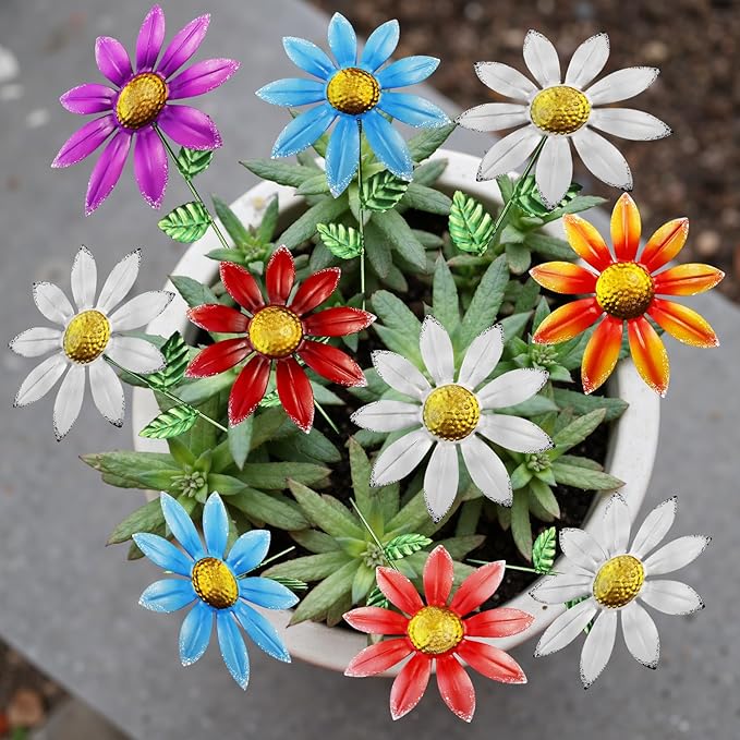 10 Pack 15.7" Outdoor Flowers, Metal Yard Art, Metal Flowers for Outside, Garden Stakes Decorative, Plants Garden Decor (Mix A)