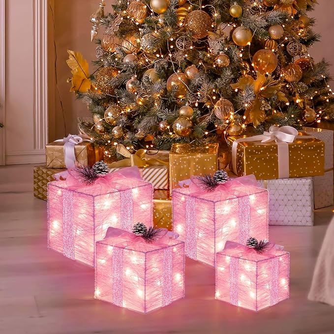 Set of 4 Pink Christmas Lighted Gift Boxes, Pre-lit Light up Present Set with Different Sizes for Holiday Indoor Outdoor Decorations - Battery Operated (Pink)