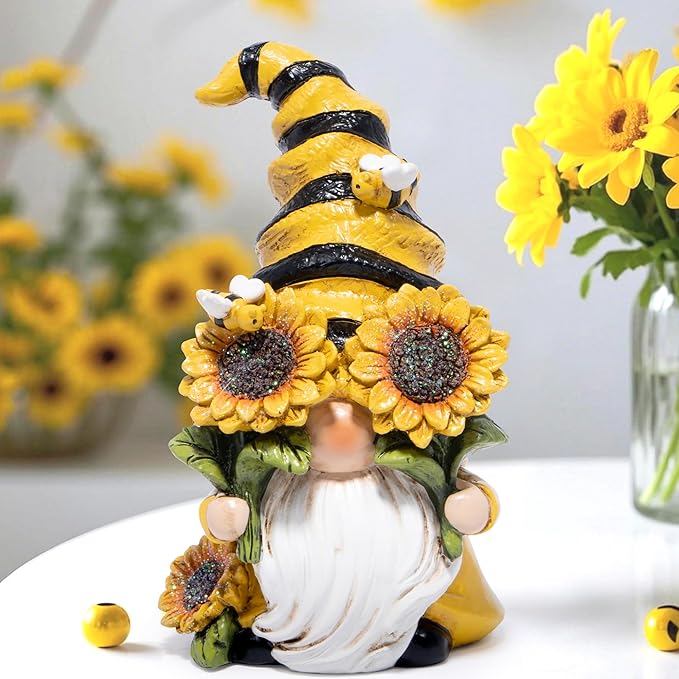Hodao Spring Bumble Bee Gnome Figurine - Cute Garden Decor with Sunflower Accents, Yellow Bee Statue for Spring Home Table Decor, Unique Gifts for Nature Lovers
