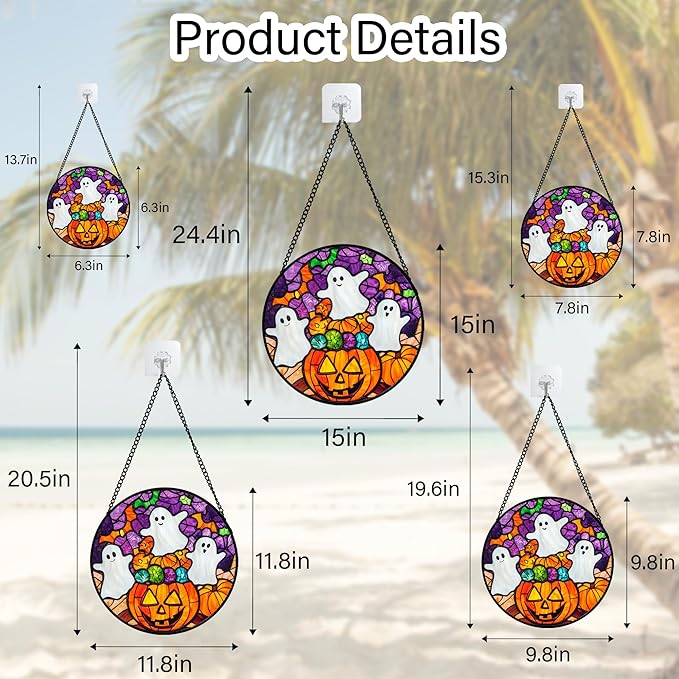 Stained Glass Window Hanging Halloween Horror Pumpkin White Ghost 9.8" - Suncatcher Door Garden Sunroom Gothic Style Sun Catcher Birthday for Friend Mom Men Woman Nana