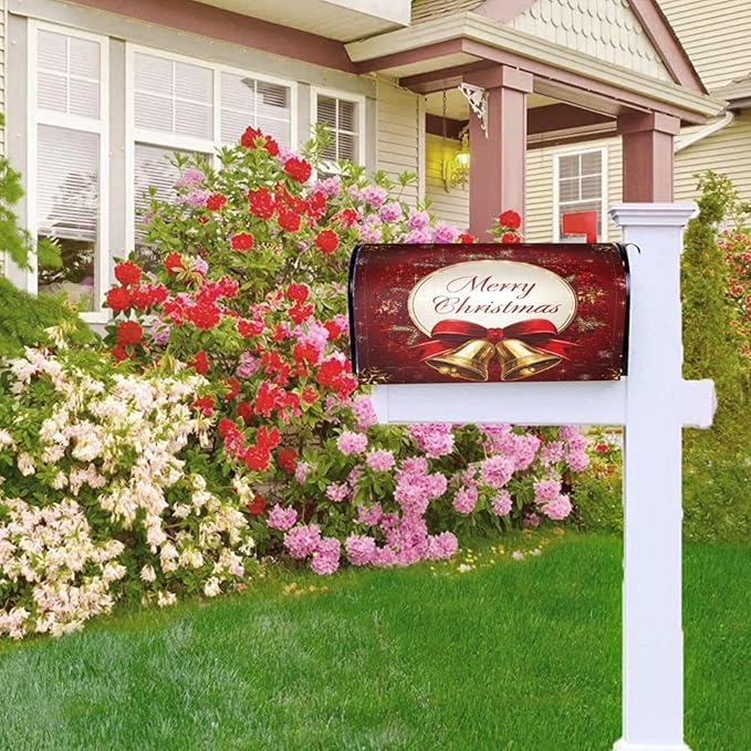 Festive Magnetic Mailbox Cover Red Christmas Bell Pattern Outdoor Mailbox Protector Holiday Seasonal Decorative Garden Yard Home Standard Size 21 x 18 Inch