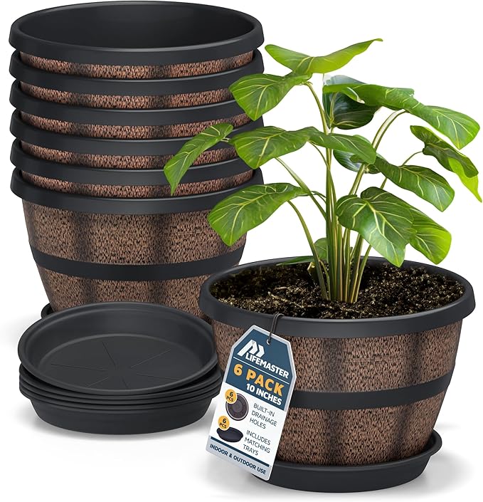 Lifemaster 10-Inch Whiskey Barrel Planters Outdoor Pack of 6, Plastic Decoration Plant Pots for Indoor & Outdoor Use with Drainage & Saucer, Rustic Garden Planters for Flowers, Small Plants & Herbs
