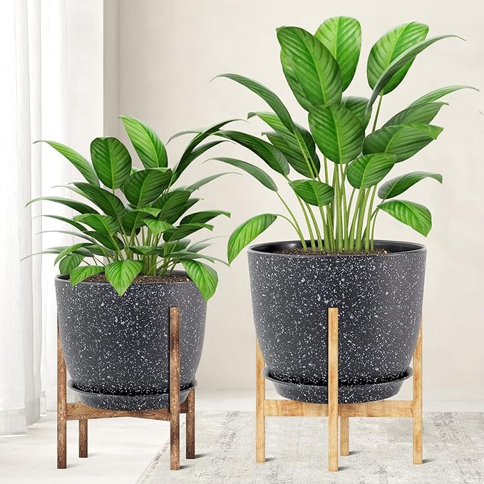 12/10/9 Large Modern Plant Pots, Plastic Planters with Drainage Holes and Saucers for Indoor Outdoor Plants Flowers, Black Speckles