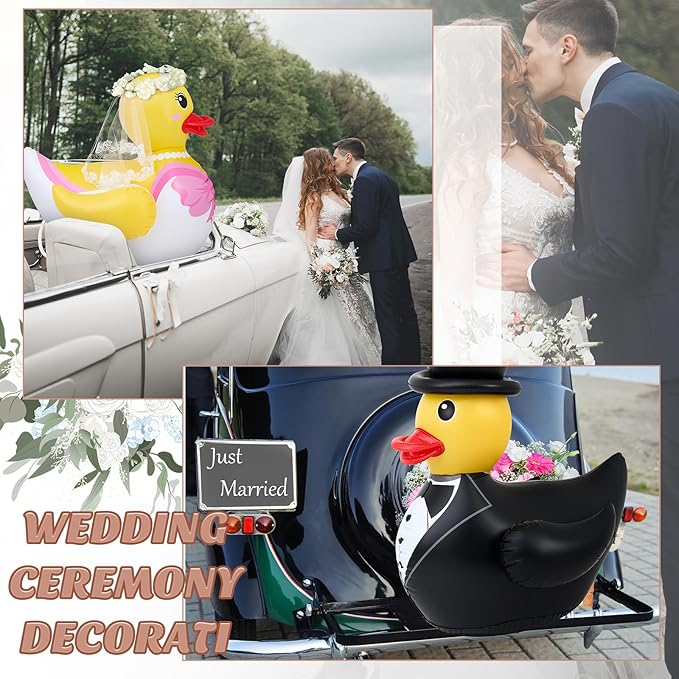 Hungdao 2 Pcs 4 ft Wedding Duck Floatie Inflatable Pool Floats Large Bride Groom Rubber Duck for Wedding Bridal Bachelorette Party Decoration Engagement Gifts (Not Include Wreath and Air Pump)
