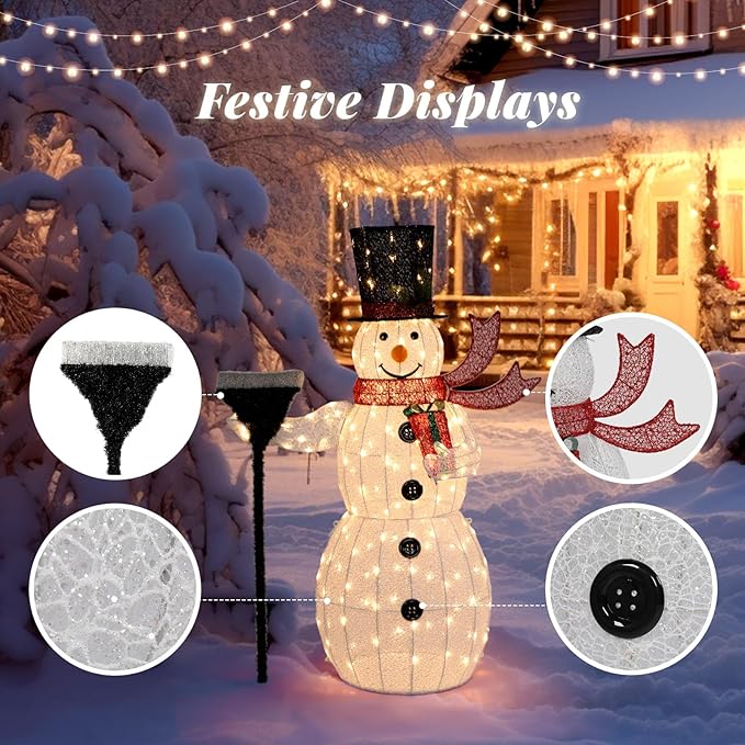VINGLI 5FT Outdoor Snowman Christmas Decorations, Lighted Outdoor Snowman w/200 LED Lights, Tall Hat, Red Scarf, Zip Ties, Ground Stakes for Indoor, Yard, Outside Xmas Decor