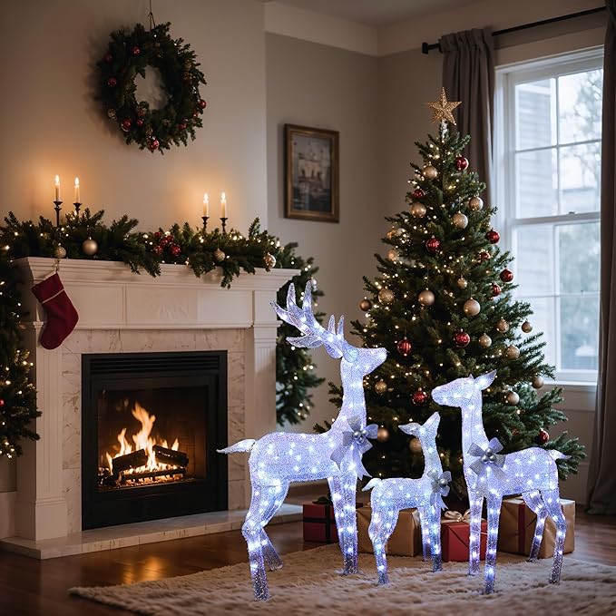 LuxenHome 3PCs Reindeer Christmas Decoration, Lighted Reindeer Family with Silver Bow and Ornament, 240 Cool White LED Lights, Front Porch Christmas Decorations Indoor & Outdoor Yard Decor