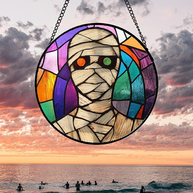 Stained Glass Window Hanging Halloween Abstract Colorful Mummy 7.8" - Suncatcher Door Garden Sun Catcher Gothic Decor Birthday Horror Funny Gift for Mom Woman Nana Friend Men