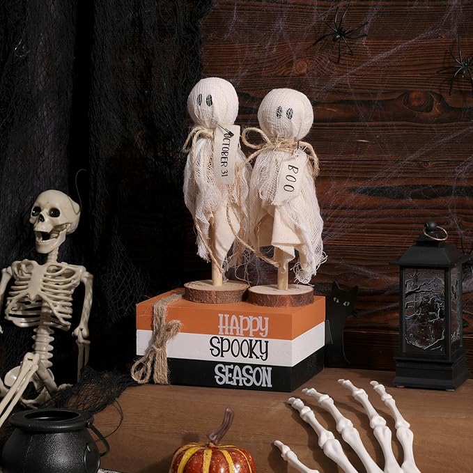 Halloween Decorations Indoor, 1 Set of Happy Spooky Season Wood Faux Books Stack,2 Primitive Halloween Ghosts on Wood Stand & 1 Black Cat Centerpiece for Tiered Tray Table Shelf Decor