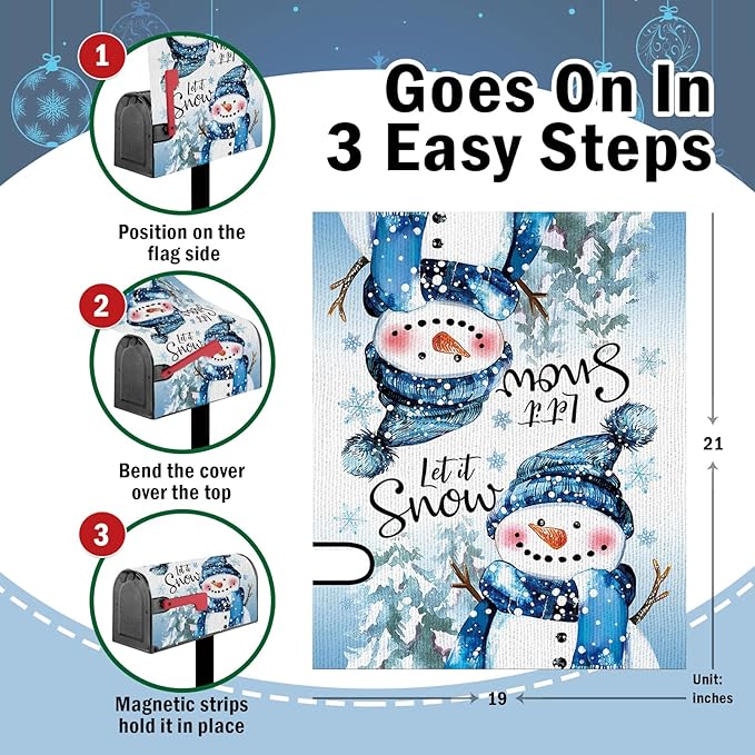 Winter Snowman Mailbox Cover Magnetic Standard Size 20.5" x 18", Let It Snow Pine Tree Snowflake Decorative Post Letter Box Wrap Decor, Christmas Seasonal Garden Yard Outdoor Decoration