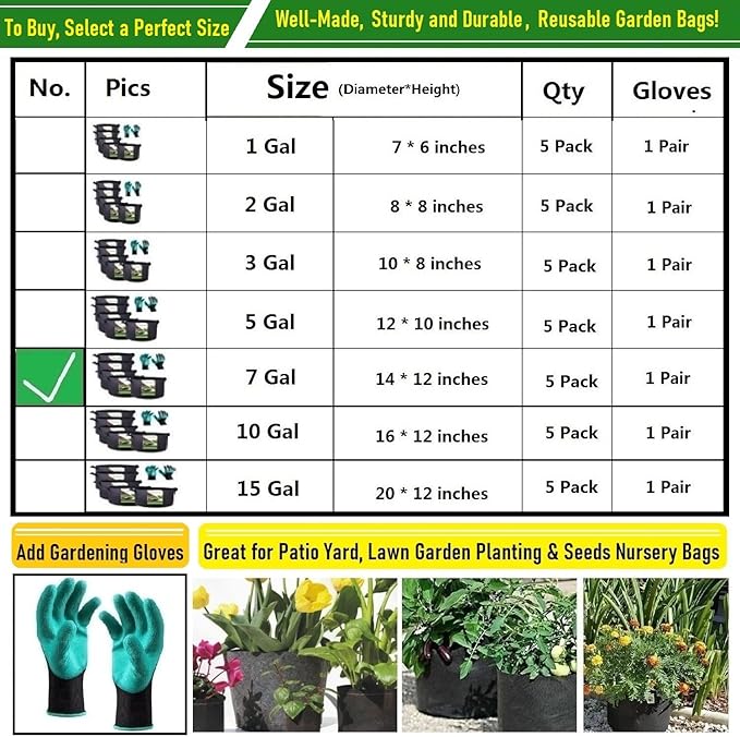 5-Pack 7 Gallon Thickened Plant Grow Bags (14x12 inch) Garden Bags Fabric Plant Pots for Tomato,Potato Planter Bag,Herbs Veggies Planters,Flower Pot,Garden Pot,Barrel Planter,Plant Container W/ Gloves