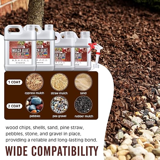 Mulch Glue - Ready to Use Landscape Adhesive - Mulch Adhesive & Gravel Glue for Bark, Pea Gravel, Stones | Non-Toxic Mulch Binder with Applicator - Brown Mulch Dye & Landscape Lock (0.5 Gallon)