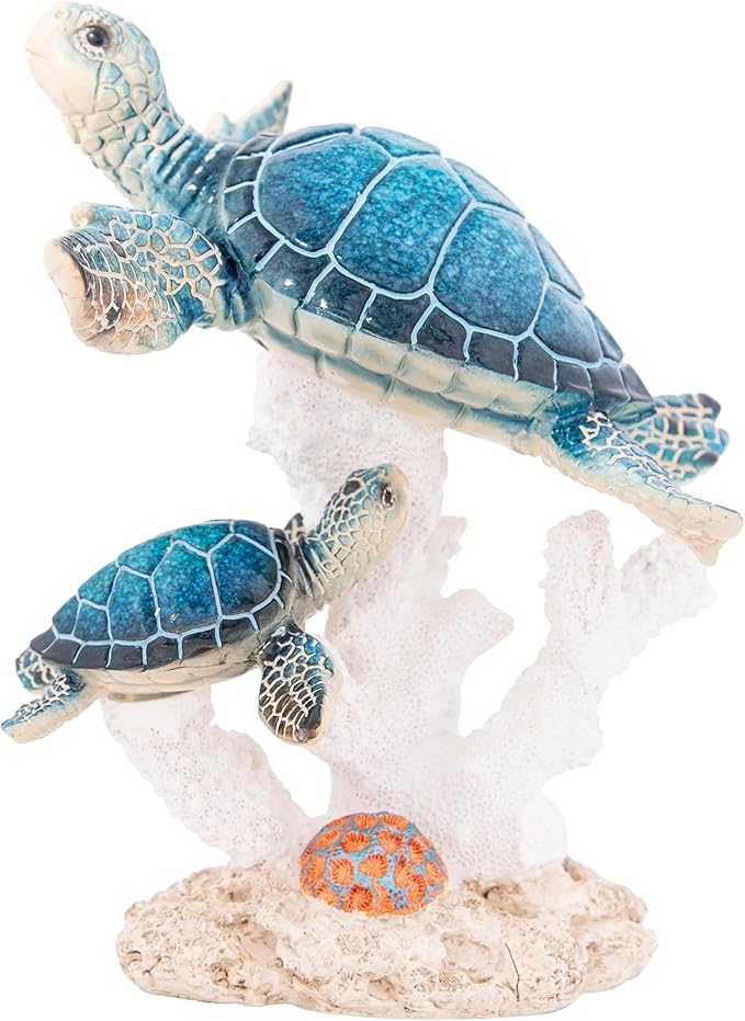 Sea Turtle Decor Figurine Blue Turtles Swimming on Coral Reef Base Beach House Coastal Decor