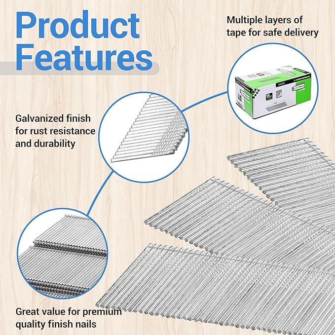 meite 15 Gauge Angled Finish Nails, 2-1/2-Inch 34 Degree Angled Galvanized Finishing Nails for Nailer Guns - Perfect for Window Trim, Cabinet Building and Other DIY Projects (2,000 Counts)