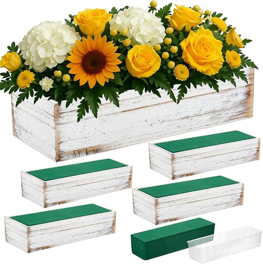 Dandat 5 Set Wood Boxes for Centerpieces 12x4 Inch Rectangle Wooden Planter Box Rustic Wooden Planters with Removable Plastic Liner Floral Foam Blocks for Christmas Wedding Home Garden Decor