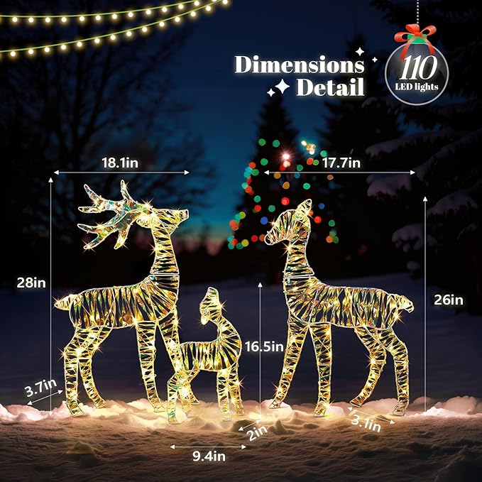VINGLI 3-Piece Lighted Iridescent Christmas Reindeer Family Set, 3FT Buck Doe Fawn Outdoor Yard Decorations, Pre-lit 110 Warm White LED Lights, Weatherproof Xmas Lawn Garden Home Decor