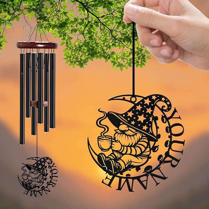Personalized Customize Name Gnome Wind Chime, Metal Iron 37 Inch Outdoor Memorial Gift for Garden Yard Patio Home Decor, Black，Christmas (Style H)