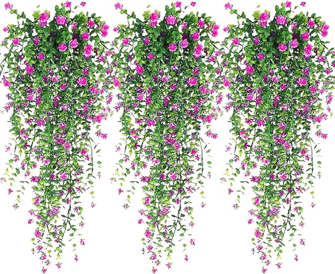 Artificial Hanging Flowers, 3 Pcs Fake Hanging Plants Artificial Vines for Outdoors, Fake Ivy Vine UV Resistant No Fade Faux Plants for Indoor Outside Garden Patio Yard Greenery Decoration (Red)