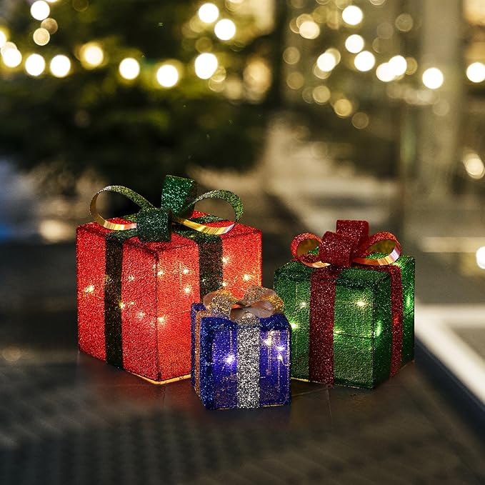 LuxenHome Set of 3 Lighted Gift Boxes, Plug-in Multi Color Boxes with Ribbon Bow for Xmas Holiday Display, Lawn, Porch, Under Tree Indoor, Outdoor Christmas Decoration.