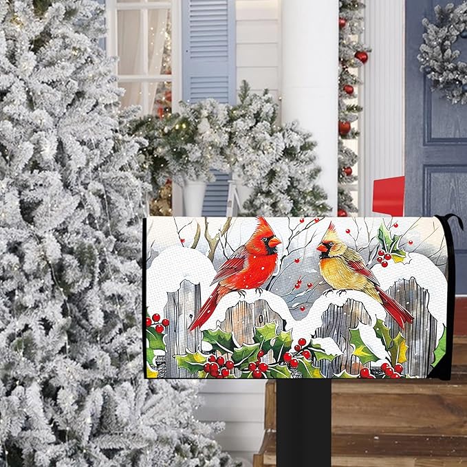 Winter Cardinal Mailbox Cover Magnetic Standard Size 20.5" x 18", Red Birds Holly Berries Snow Decorative Post Letter Box Wrap Decor, Christmas Seasonal Farmhouse Garden Yard Outdoor Decoration