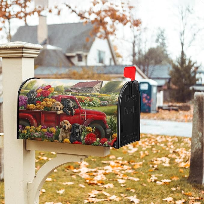 21"x18" Spring Truck Dogs Magnetic Mailbox Cover Summer Floral Puppy Decorative Mailbox Wrap Post Cover Waterproof Standard Size for Garden Yard Outdoor Outside Patio Farmhouse