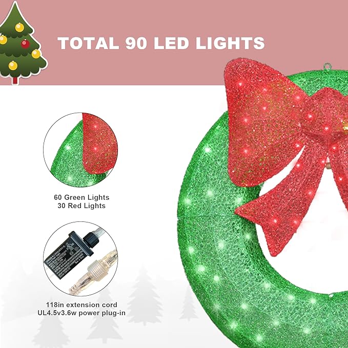 Lamerge 1PC Pre-Lit Outdoor Christmas Wreath Decorations, 36'' Bow Holiday Decor Wreath, Christmas Wreath with 90 Lights, Lights Outdoor/Indoor Decorations for Front Door, Wall, Window, Green