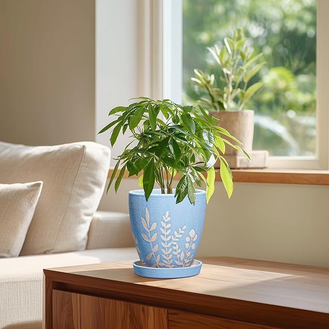 6 Inch Ceramic Plant Pot with Saucer - Small Flower Pot with Drainage for Succulents & Herbs, Boho Desk Home Office Room Decor, Plant Lovers Gifts, Blue