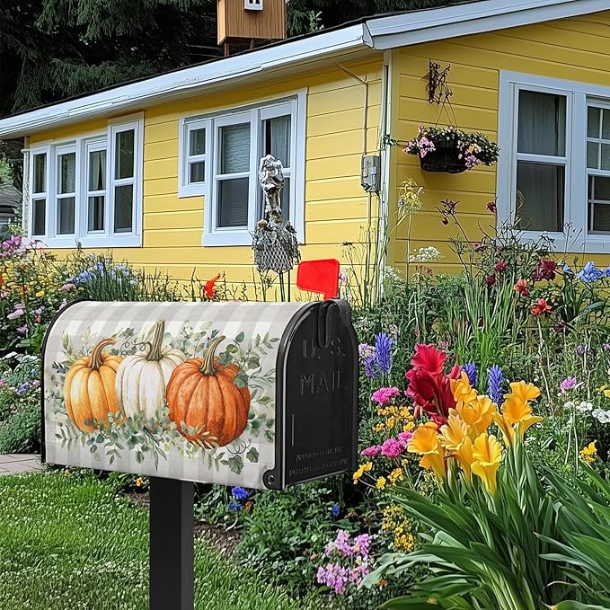 Pumpkin Mailbox Cover Harvest Fall Mailbox Covers Magnetic Standard Size 21x18 inch Green Eucalyptus Leaf Mail Box Covers Pumpkins Decorative Mailboxes for Outside Garden Buffalo Plaid