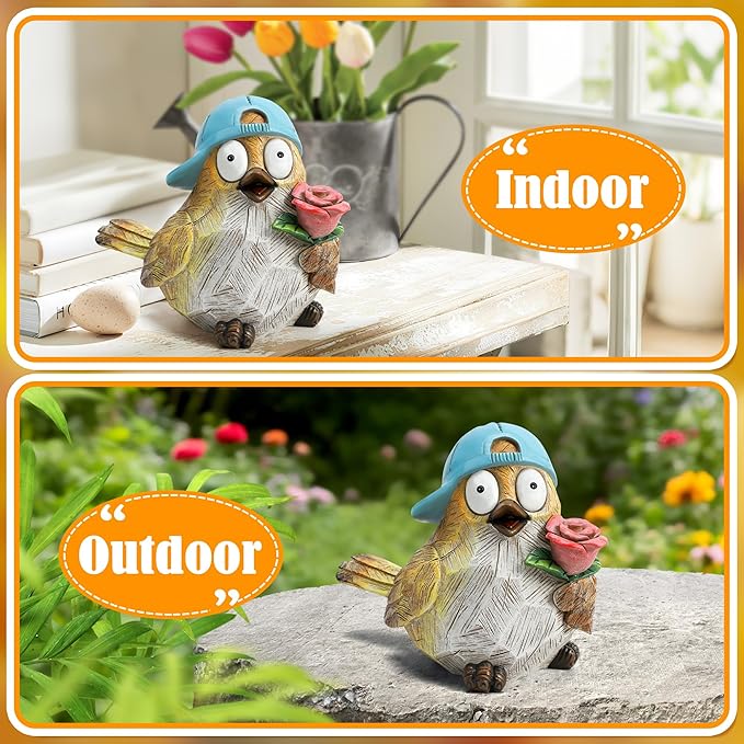 Garden Bird Statue for Decorations Outdoor Animal Figurines Little Bird Holding Flowers Sculpture Birds Figurines for Garden Yard Porch Patio Lawn Outside Home Decor Gift for Woman