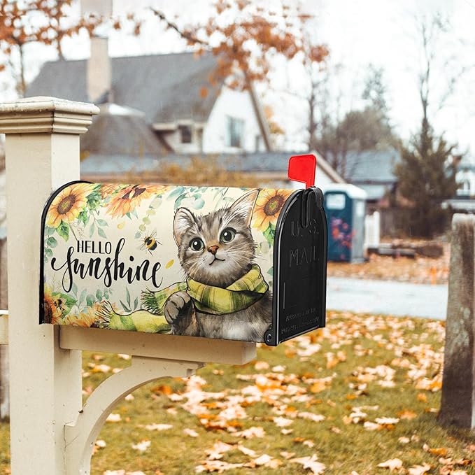 Hello Sunshine Cat Magnetic Mailbox Cover for Garden Yard, Summer Sunflowers Bee Kitten Waterproof Mailbox Wrap Post Cover for Outdoor Outside Patio Decor, Large Size 25.5x21 Inch