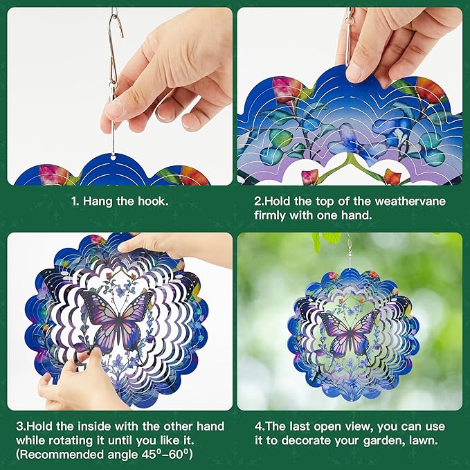 Outdoor Butterfly Wind Spinners-12 Inch Butterfly Decor Outdoor Hanging Wind Sculptures Birthday Gifts for Women Mom Wife Grandma 3D Wind Spinner for Garden Decor for Outside, Garden, Patio, Yard