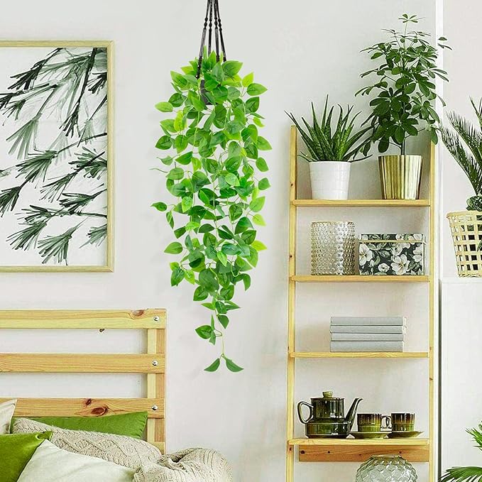 Artificial Hanging Plants Small Fake Pothos 39-in Long Potted Vine Plant Faux Trailing Ivy Vine for Shelf Home Office Indoor Outdoor Garden Greenery Decor (Black Pot)