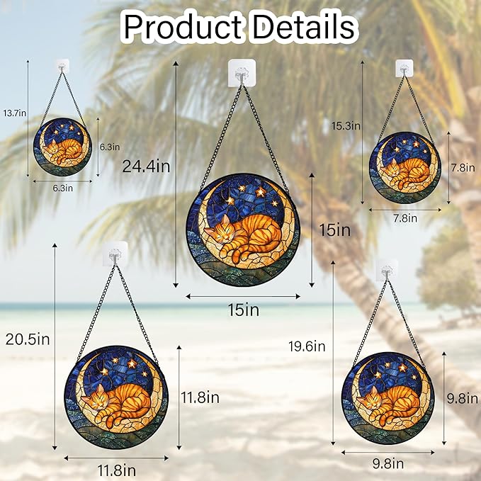 Stained Glass Window Hanging - Orange Moon Sleeping Cat Sun Catcher for Door Home Decor Blue Starry Sky Suncatcher Christmas Mother's Day Birthday Gifts for Women Men Mom Nana 15 in