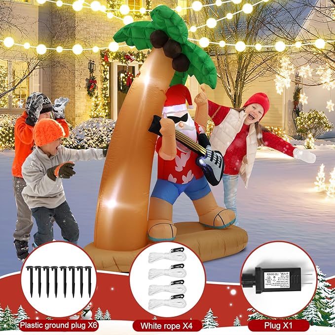 7FT Santa Claus Playing Guitar Under Coconut Tree Christmas Inflatable Decoration with LED Lights, Suitable for Holiday Celebration Decorations on Yards, Lawns and Patios