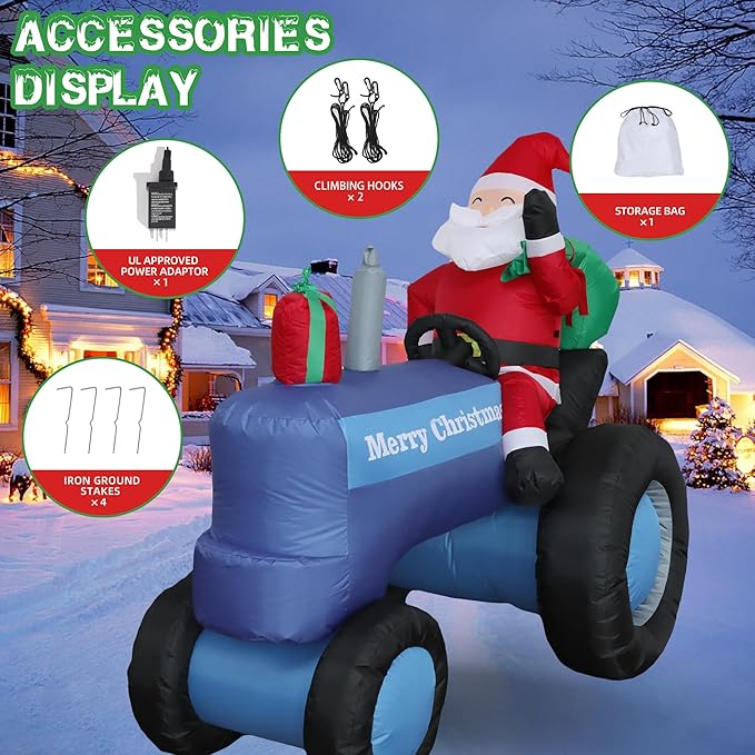 DearSun 5.5FT H Christmas Inflatable Santa Claus Drive Tractor with Build-in LED Lights, Blow up Christmas Inflatable Outdoor Decorations Large Party Yard Decoration
