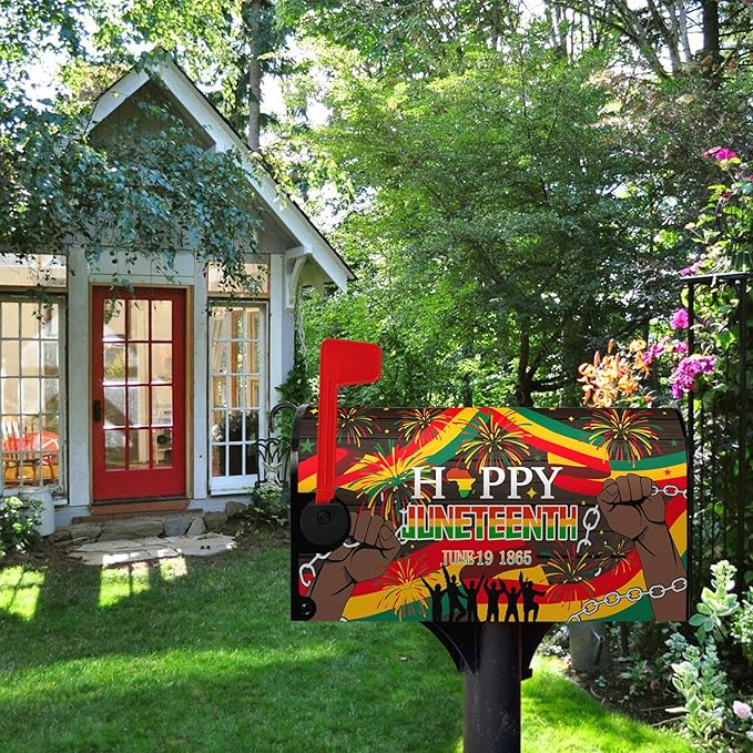 Happy Juneteenth Magnetic Mailbox Cover African Fist in Black Mailbox Wraps June 19 1865 Post Letter Box Cover for Farmhouse Outdoor Garden Yard Home Decor Standard Size 21 X 18 Inch