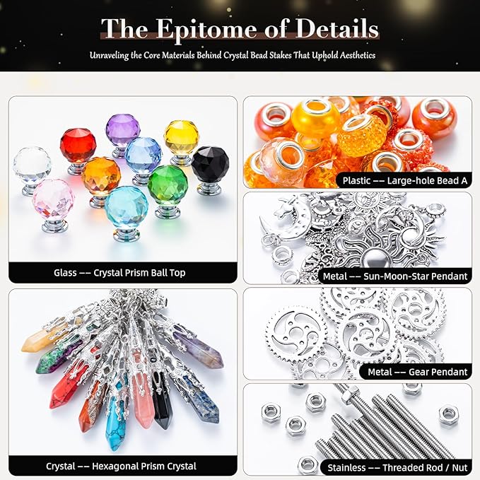 DIY Beaded Garden Stakes, Fairy Wand Garden Stake Decorative Kit with Healing Crystal Pendant, Sun Wheel Accessories,12 in Rod, Crystal Top, Large Holes Bead for Holidays Outdoor&Indoor Decorative