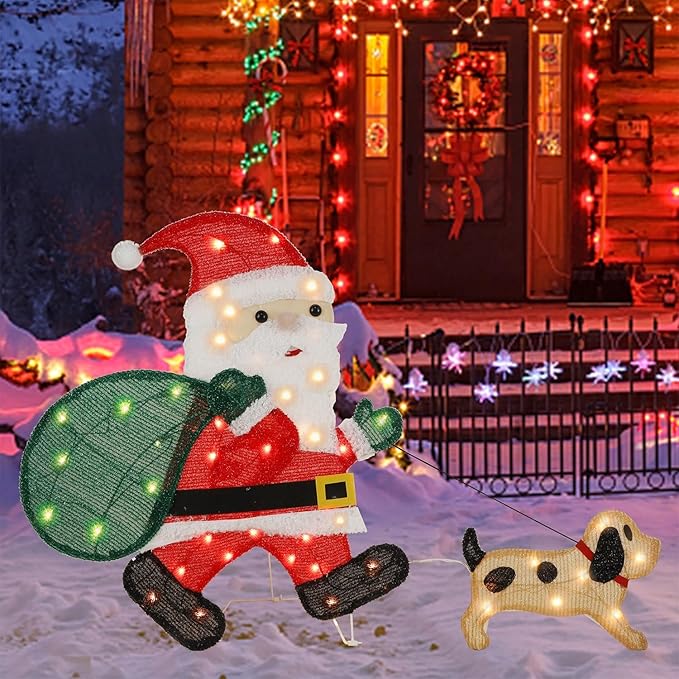 WATERGLIDE Lighted Christmas Santa Claus with Puppy, 26.5 Inch Pre-Lit 2D Tinsel Santa Walking Dog Xmas Outdoor Yard Decor with Lights, Light Up & Plug in for Festive Xmas Holiday Garden Lawn Display