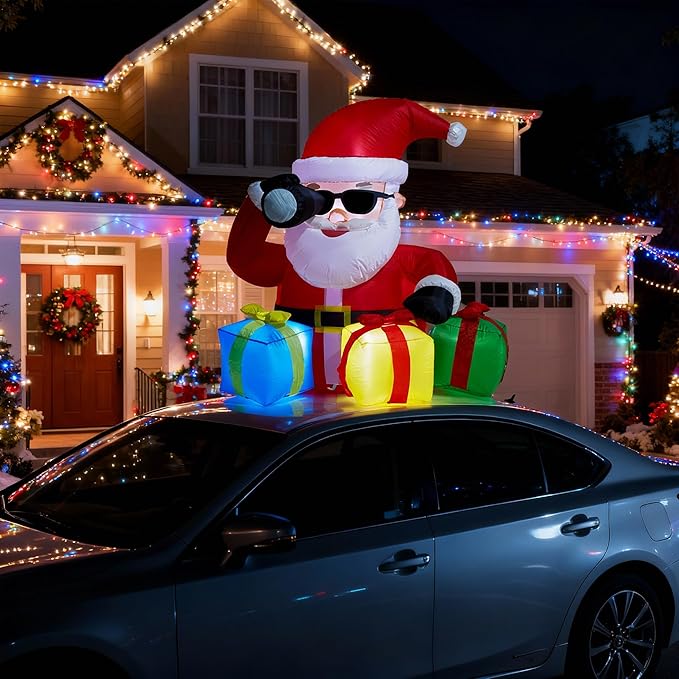 5 FT Christmas Rooftop Inflatable Santa with Telescope & Lighted Gift Boxes for Cars, SUVs, Trucks & Golf Carts, Blow Up Yard Decoration for Lawn, Garden & Indoor Holiday Display