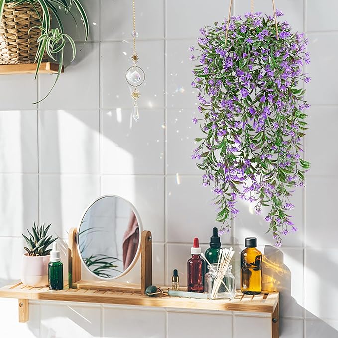 TOCHGREEN 4Pcs Artificial Hanging Plants Fern Vine, Faux Plastic Plants Fake Ivy Vine Greenery Garland with Purple Flower, Outdoor Indoor Decorations for Living Room Balcony Garden Wall Home Decor