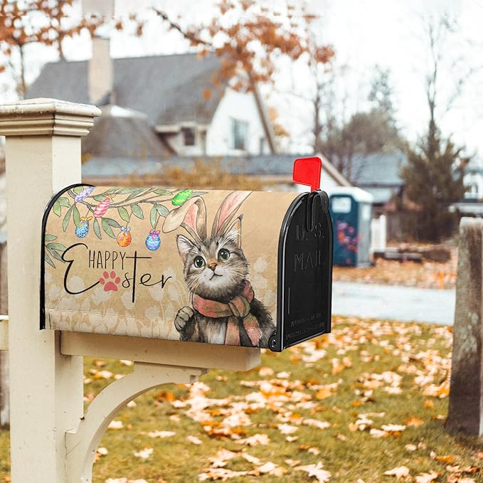 Easter Cat Magnetic Mailbox Cover 21x18 Inch Cute Kitten with Bunny Ear Egg Hunt Mailbox Wrap Post Cover Standard Size for Garden Yard Outdoor Outside Patio Holiday Waterproof Decor
